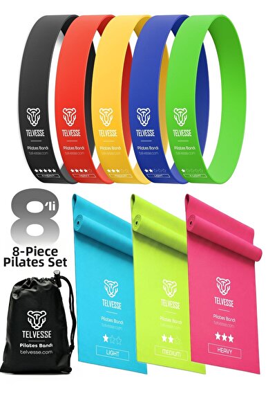 Telvesse 8-Piece Pilates Resistance Band Set 3 Open + 5 Closed Loop Rubber Mi...