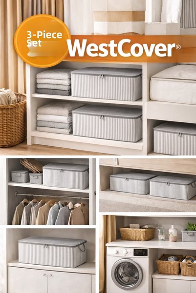WestCover 3 Pieces Anthracite Striped Large Storage Boxes under Bed and Sofa Bed - 60X40X20 cm - Organizer.