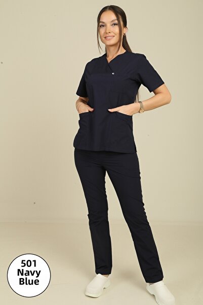DENİZ İŞ طقم سكرابز نسائي من قماش التيركوتون ذو ياقة مطوية - أزرق داكن