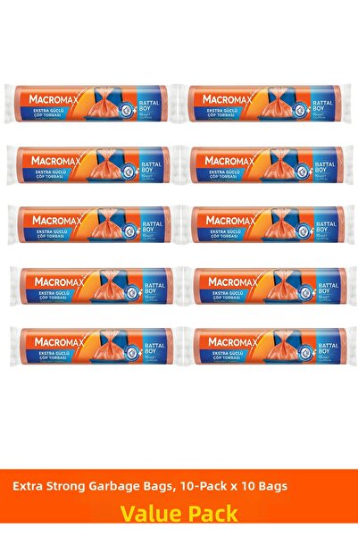 MACROMAX أكياس قمامة قوية للغاية، حجم كبير، 10 عبوات (10 قطع)، أكياس قمامة سم...