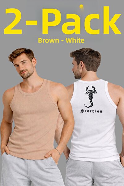 LUMİART Men's Sports Ribbed Singlet Set of 2 Brown and White Slim Fit Camisol...