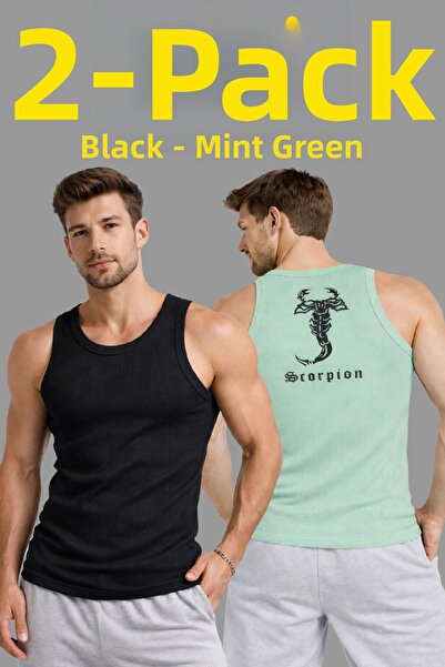 LUMİART Men's Sports Ribbed Singlet Set of 2 Black and Mint Green Slim Fit Ca...