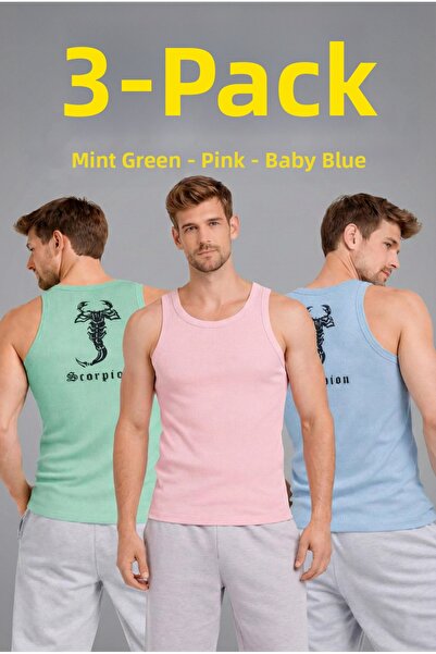 LUMİART Men's Sports Ribbed Undershirt Set of 3 Mint Green Pink Baby Blue Sli...