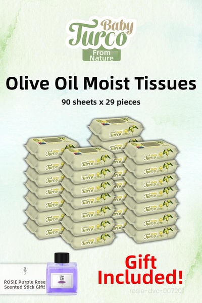 Baby Turco 29 عبوة، 90 منشفة مبللة بزيت الزيتون وهدية عطر روزي