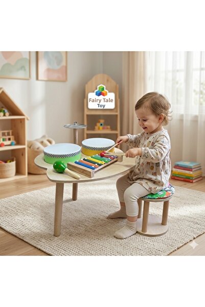 Masal Oyuncak Wooden Music Table Drum Set with Stool and Cushion
