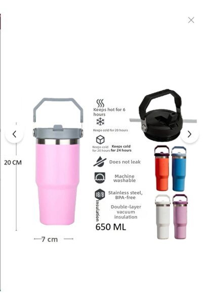 Globox ترمس فولاذي مع قش وغطاء علوي واسع 650 مل (وردي)