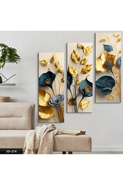Evimemoda Tablou MDF cu 3 piese, cu flori și frunze elegante