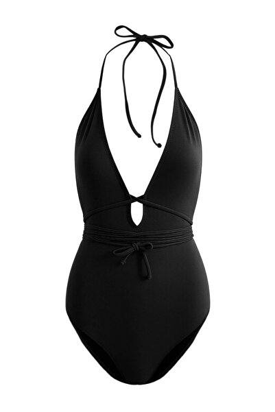 Trendyol Collection Черен бански костюм с дълбоко V-образно деколте, покрита ...