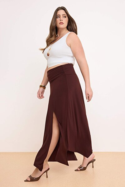 Trendyol Curve Fusta maxi tricotată elastică, maro, cu detaliu în talie și șl...