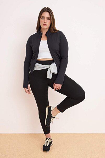 Trendyol Curve Black Brushed Soft Fabric Big Size Sports Jacket/Sweatshirt wi...