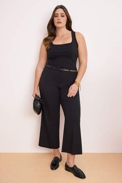 Trendyol Curve Black High Waist Pipe Leg Accessory Detailed Plus Size Woven T...