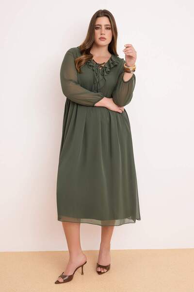 Trendyol Curve Khaki Chiffon V-Neck Flounced Maxi Woven Plus Size Dress Tbbss...
