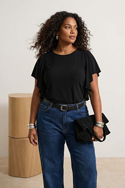 Trendyol Curve Bluză neagră tricotată elastică, cu mâneci cu volane și decolt...