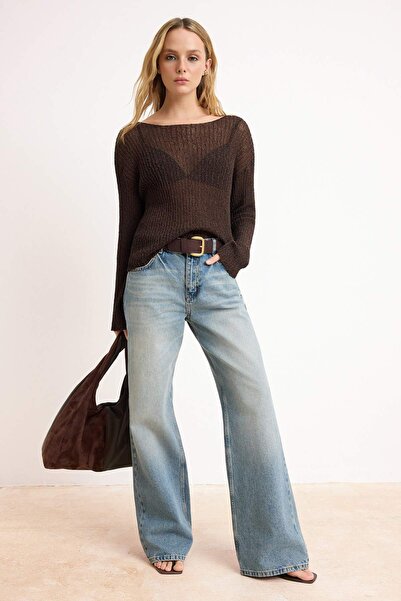 Trendyol Collection Brown Summer Special Yarn Cotton Wide Fit Knitwear Sweate...