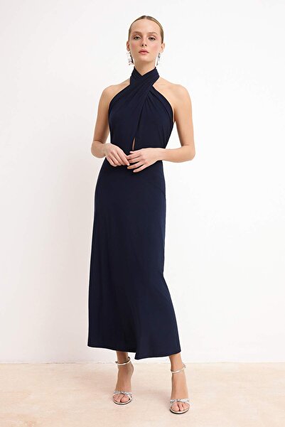 Trendyol Collection Rochie midi căptușită, tricotată, albastru marin, cu deco...