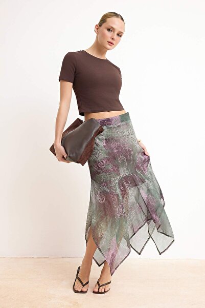 Trendyol Collection Green Ethnic Patterned Chiffon Lined Asymmetrical Midi Sk...