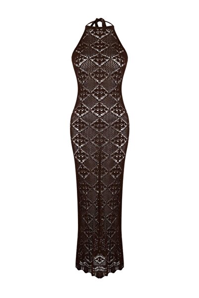 Trendyol Collection Rochie maro, dreaptă, bodycon, maxi, din tricot, cu spate...