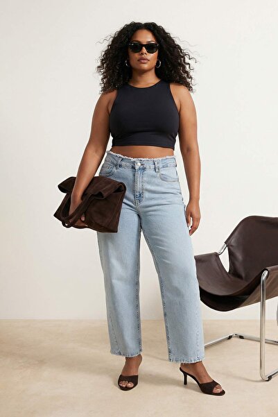 Trendyol Curve Svetloplave farmerke sa visokim strukom, širokim nogavicama, u...