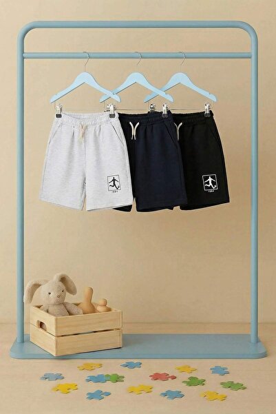 TRENDYOLKIDS شورت محبوك سادة للأولاد باللون الأزرق الداكن والرمادي والأسود مك...