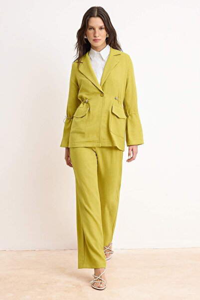 Trendyol Modest Khaki Regular Linen-Blend Plain Weave Ruched Detail Hijab Bot...