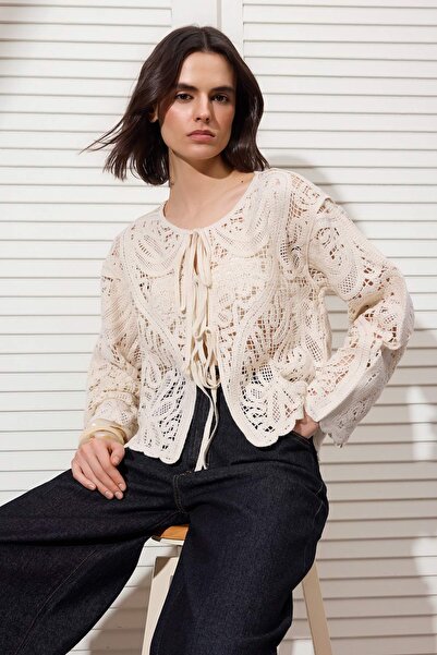 Trendyol Collection Stone Crochet Detailed Crew Neck Knitwear Cardigan Twoss2...