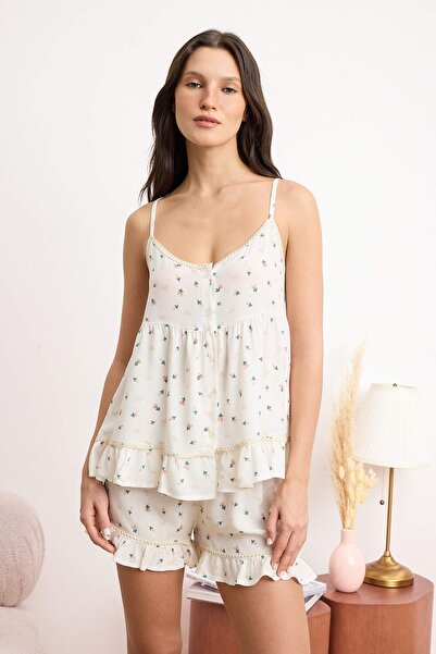 Trendyol Collection Εκρού Floral Με βολάν Ρίγες Λεπτομερές Σετ Πιτζάμες Βισκό...