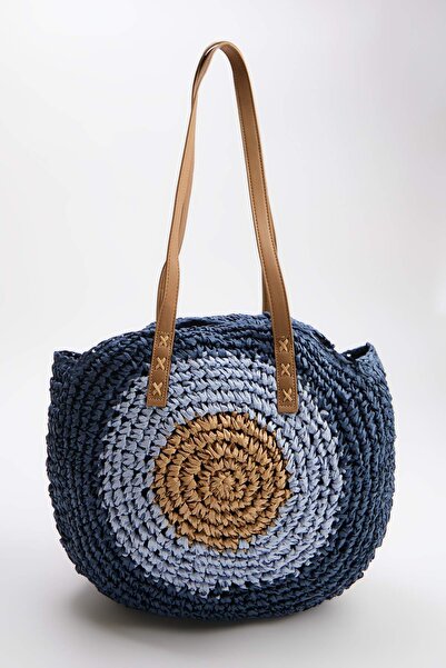 TRENDYOL SHOES Marineblaue, farbblockierte, handgestrickte Stroh-Umhängetasch...