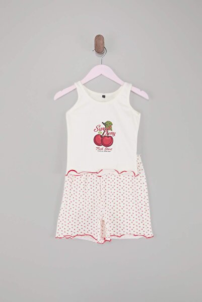 TRENDYOLKIDS White Printed Ruffle Girls Knitted Pajamas Set Tkdss26Pt00008