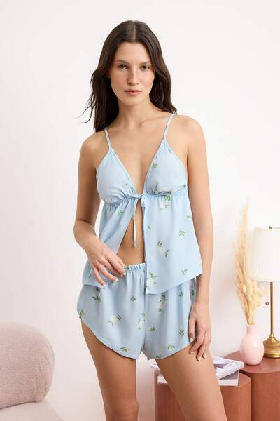 Trendyol Collection Blue Floral Shally Woven Pajama Set Thmss25Pt00105