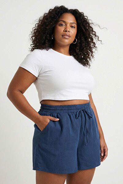 Trendyol Curve Beach Wear Navy Blue Muslin Woven High Waist Shorts & Bermuda ...