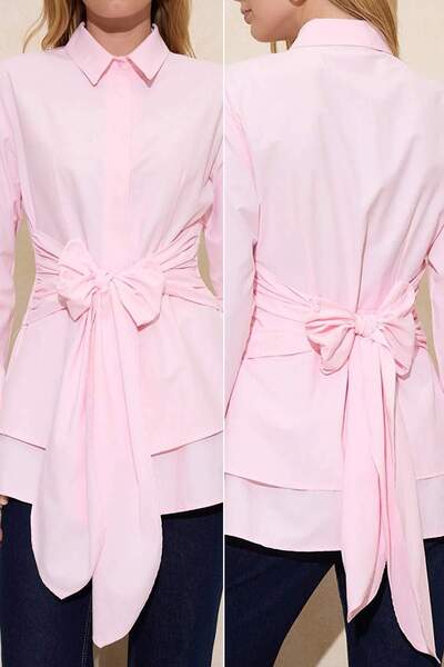 Trendyol Modest تنورة وردية فاتحة بتفاصيل حزام وتفاصيل مطوية/تتصل بالخصر، مع ...