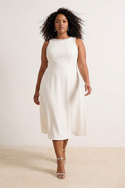 Trendyol Curve Λευκή Πέτρα Αμάνικο Midi μήκος A-Line Υφαντό Βραδινό/Νυχτερινό...