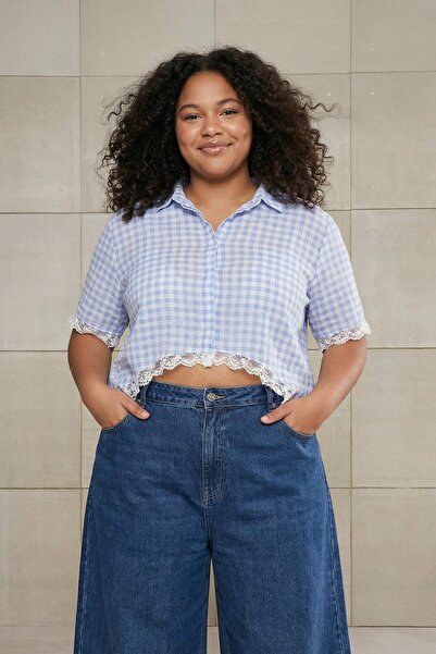 Trendyol Curve Εφηβική Μπλούζα Μπλε Βουάλ Καρό /Καρό Διαφανές Υφαντό Μεγάλο Μ...