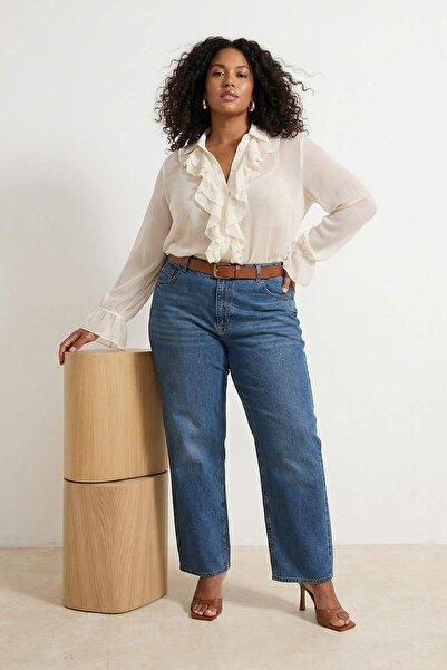 Trendyol Curve Blugi cu tăieturi albastre talie înaltă bumbac 100% Non-Stretc...