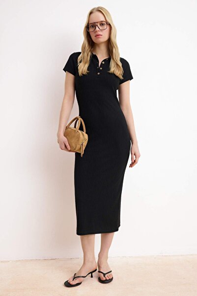 Trendyol Collection Μαύρο Bodycon Polo Neck με κοντό μανίκι Midi κοτλέ ελαστι...