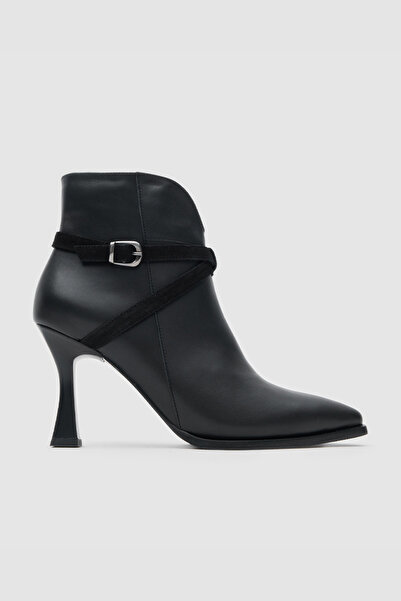TOGO Siyah Hakiki Deri & Süet Detaylı Kadın Topuklu Bot [060089]