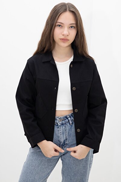 Cansın Mini Чорна куртка з ґудзиками на спині для дівчаток з габардинової тка...