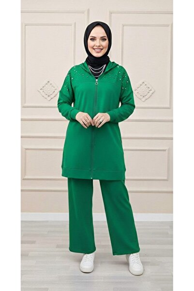 Mercan HANİFE TAKIM Tesettür İki İplik Kumaş Cep ve Taş Detaylı Alt Üst İkili...