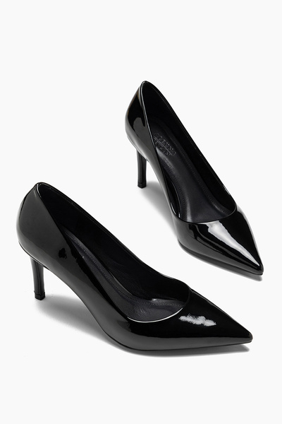 ALEYNA CEYLAN Olena Hakiki Deri Astar Siyah Rugan Sivri Burunlu Stiletto Kadı...