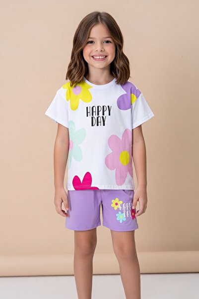 Cansın Mini Lila Renkli Çiçek Baskılı Tişörtlü ve Şortlu Kız Çocuk 2li Takım ...
