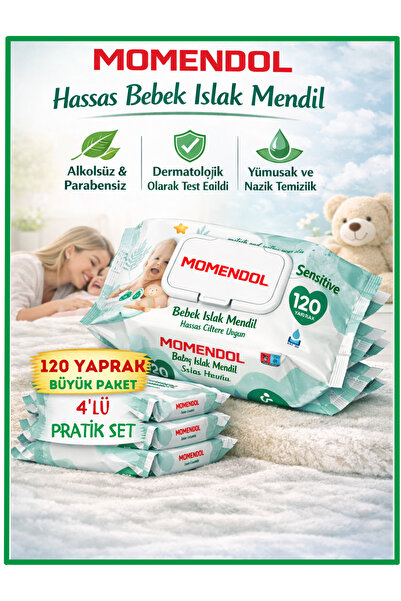 momendol Hassas/Sensitive Bebek Islak Mendil 120 Yaprak 4’lü Pratik Paket –Sa...