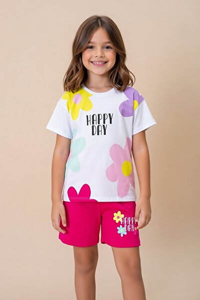 Cansın Mini Fuchsia Colored Flower Printed T-Shirt and Shorts Girls 2 Piece S...