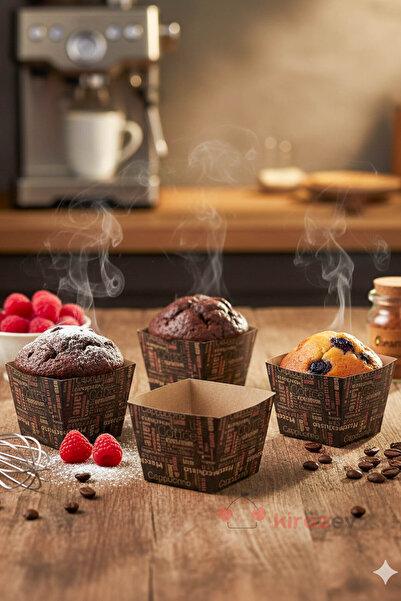 KirazEv Kahve Yazılı Kare Muffin Kapsülü 24’lü, Muffin Cupcake Kağıdı 7x4,5 Cm