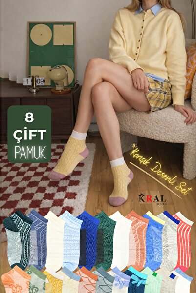 KRAL SOCKS Kadın Çorap Renkli (8' Lİ PAKET) Likralı Pamuklu Özel Tasarım Peny...