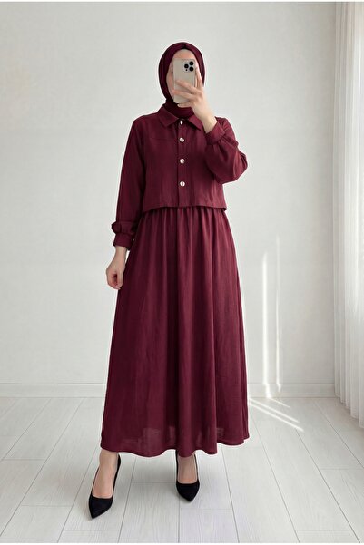 MİHRA STORE Canan Beli Büzgülü Ceketli Jile Elbise-EK647 Bordo