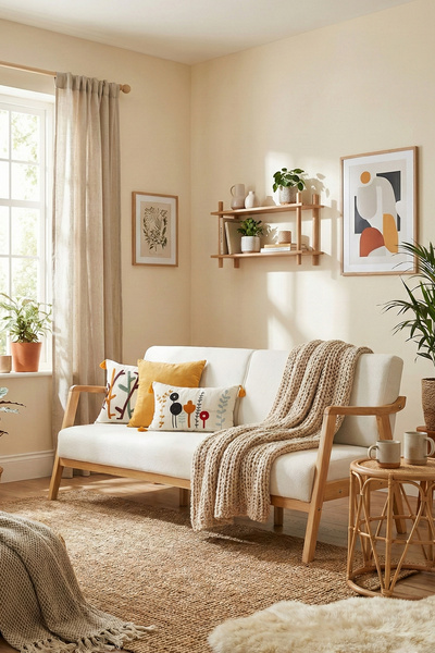 Zem Favela Bohem Üçlü Berjer Natürel Ahşap, Kırık Beyaz