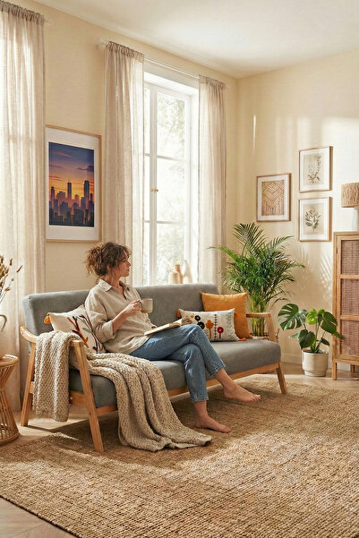 Zem Sevilla Bohem Üçlü Kanepe Natürel Ahşap, Gri