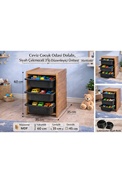 Industrial Living 18mm MDF Ceviz Çocuk Odası Dolabı, Siyah Çekmeceli 3’lü Düz...