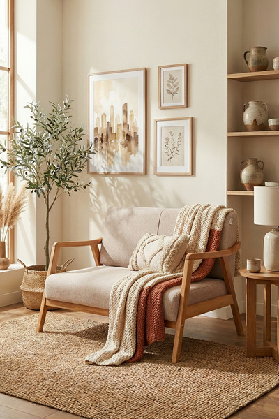 Zem Favela Bohem İkili Berjer Natürel Ahşap, Sütlü Kahve