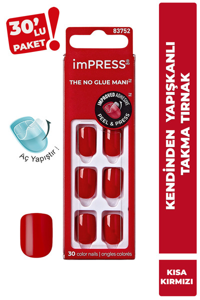 Impress Kendinden Yapışkanlı Takma Tırnak Kısa Parlak Kırmızı